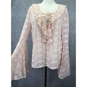 GUESS Women's Embroidered Floral Blouse Top Small Bell Slv V Neck Festival Boho